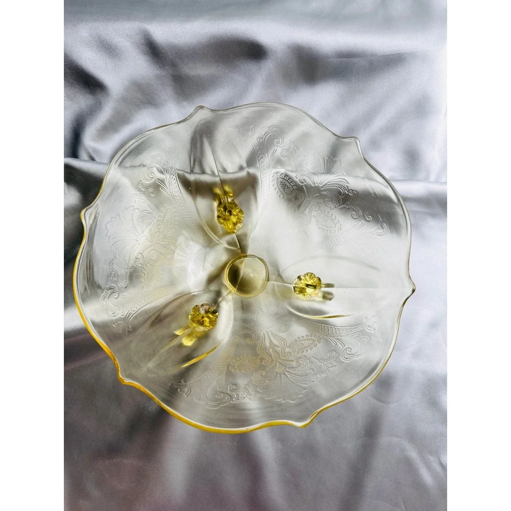 Lancaster Landrum Topaz Yellow Etched Glass 3 Footed Bowl Scalloped 8.5